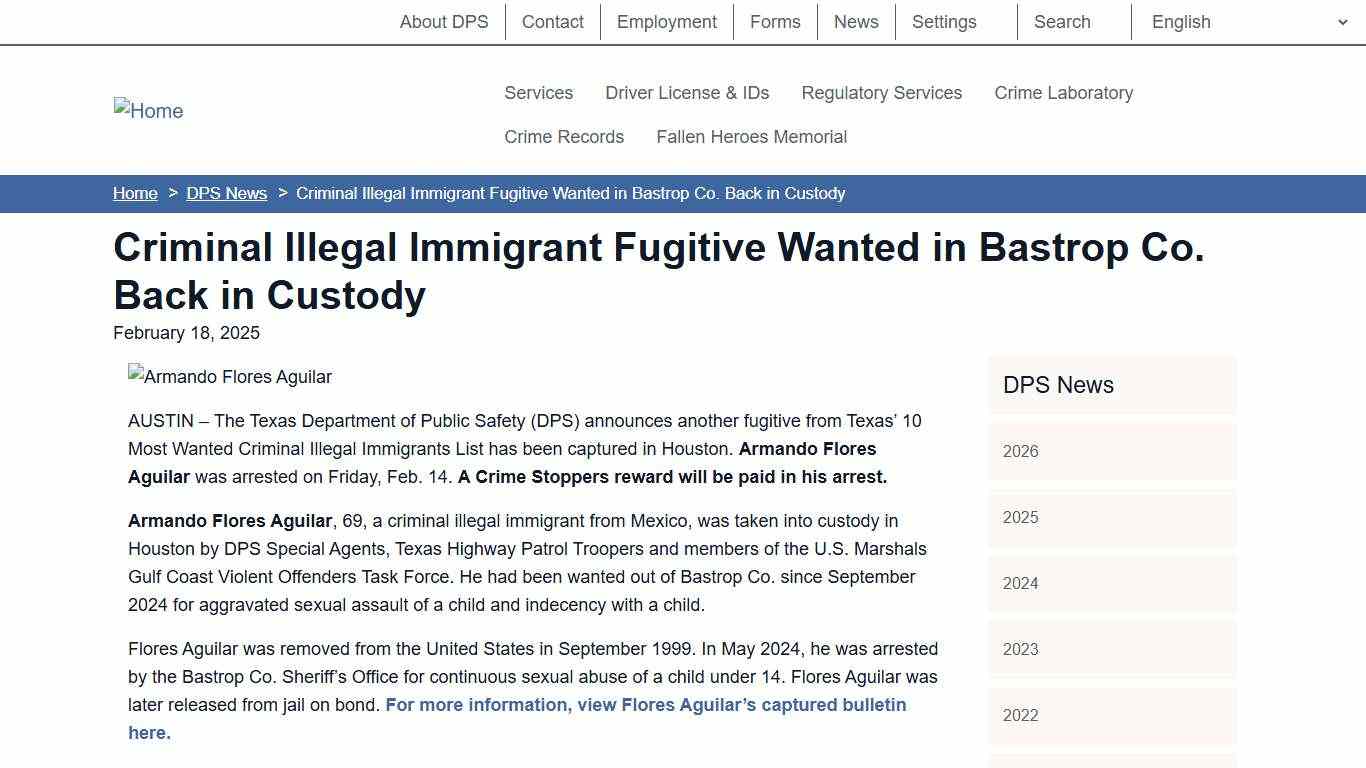 Criminal Illegal Immigrant Fugitive Wanted in Bastrop Co. Back in Custody | Department of Public Safety